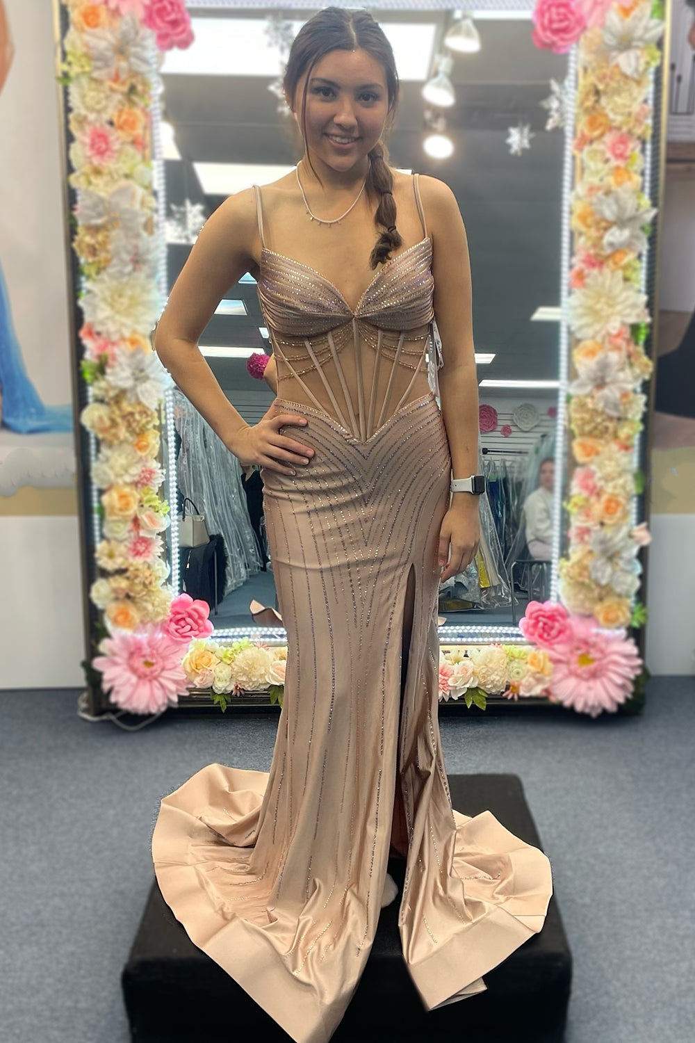 Black Prom Dress Beaded Mermaid Corset Long Evening Dress with Slit