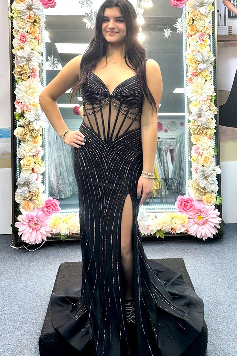 Black Prom Dress Beaded Mermaid Corset Long Evening Dress with Slit