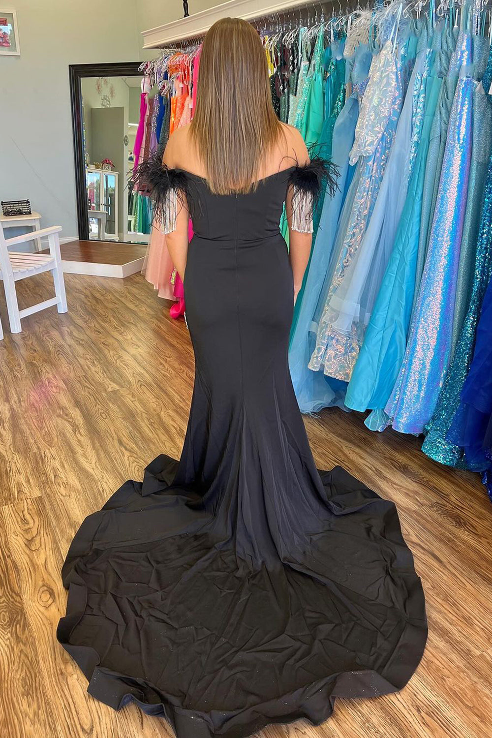 Black Prom Dress Beaded Mermaid Off The Shoulder Long Formal Dress With Tassels