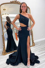 Black Prom Dress Beaded Mermaid One Shoulder Long Formal Dress With Slit