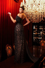 Black Prom Dress Column Strapless Beaded One Shoulder Sleeveless Slit Lace Formal Dress With Slit