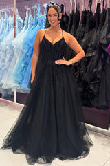 Black Prom Dress Floral A-Line Spaghetti Straps Corset Long Formal Dress