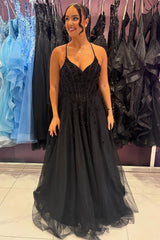 Black Prom Dress Floral A-Line Spaghetti Straps Corset Long Formal Dress