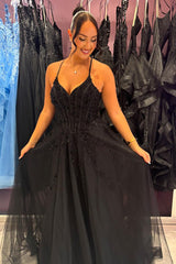Black Prom Dress Floral A-Line Spaghetti Straps Corset Long Formal Dress