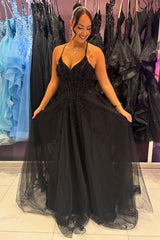 Black Prom Dress Floral A-Line Spaghetti Straps Corset Long Formal Dress
