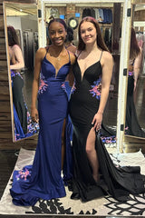 Black Prom Dress Floral Lace Spaghetti Straps Long Formal Dress With Slit
