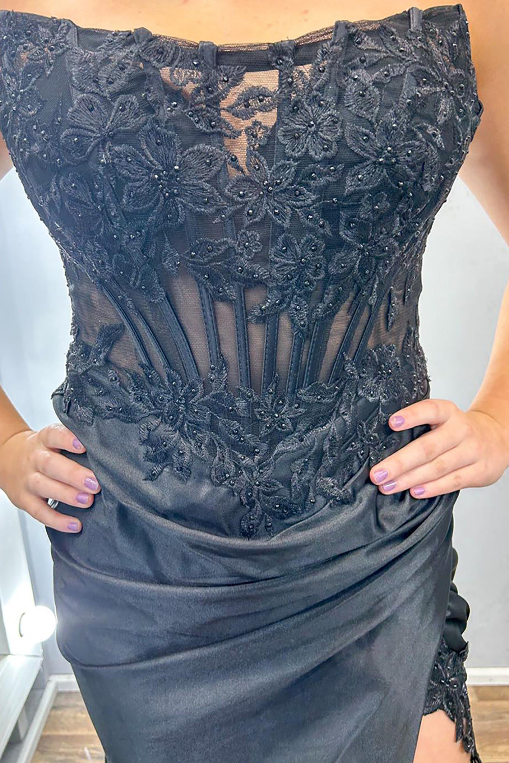 Black Prom Dress Floral Mermaid Strapless Long Formal Dress With Slit