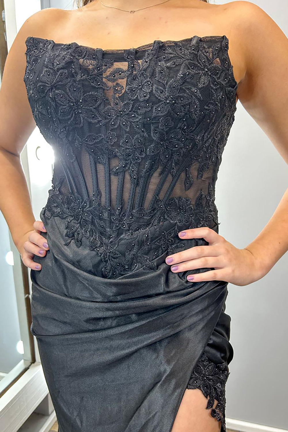 Black Prom Dress Floral Mermaid Strapless Long Formal Dress With Slit