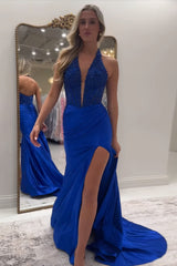 Black Prom Dress Halter Deep V-Neck Lace Corset Formal Dress With Slit
