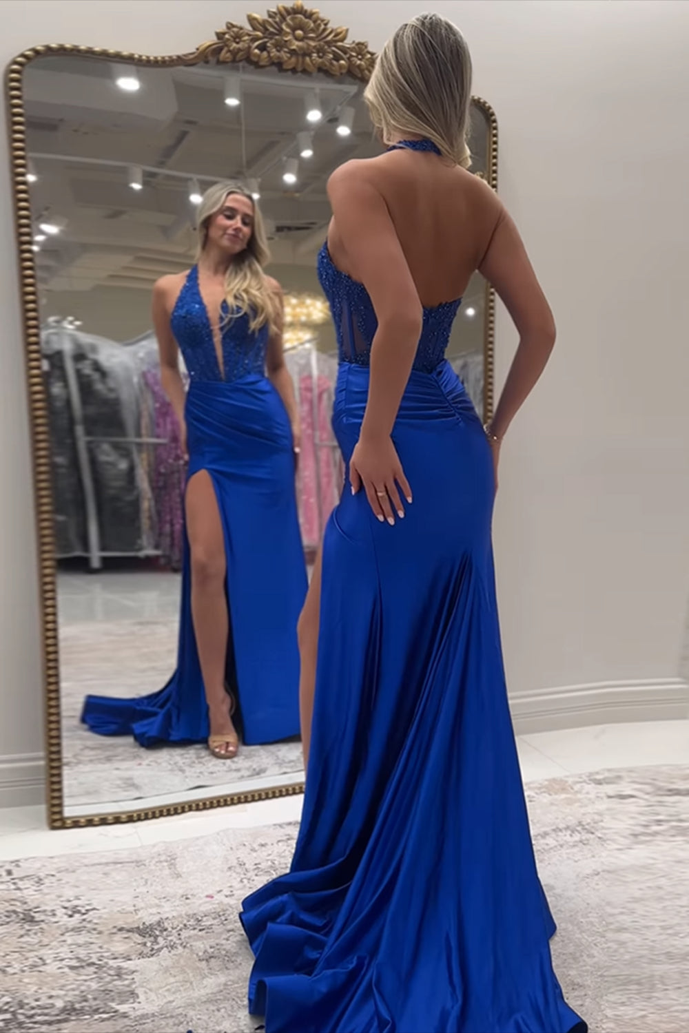 Black Prom Dress Halter Deep V-Neck Lace Corset Formal Dress With Slit