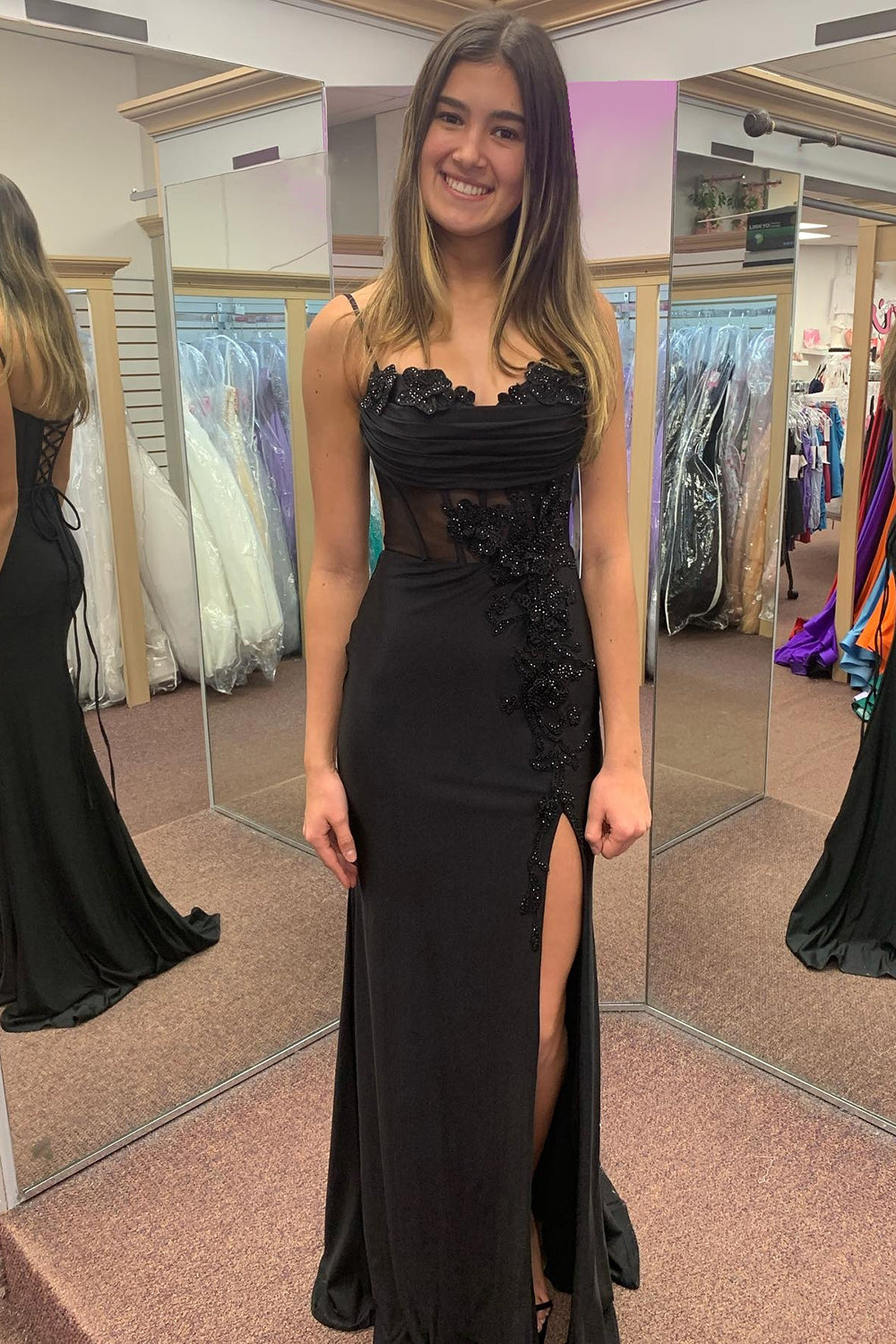Black Prom Dress Mermaid Corset Long Formal Dress With Slit With Lace
