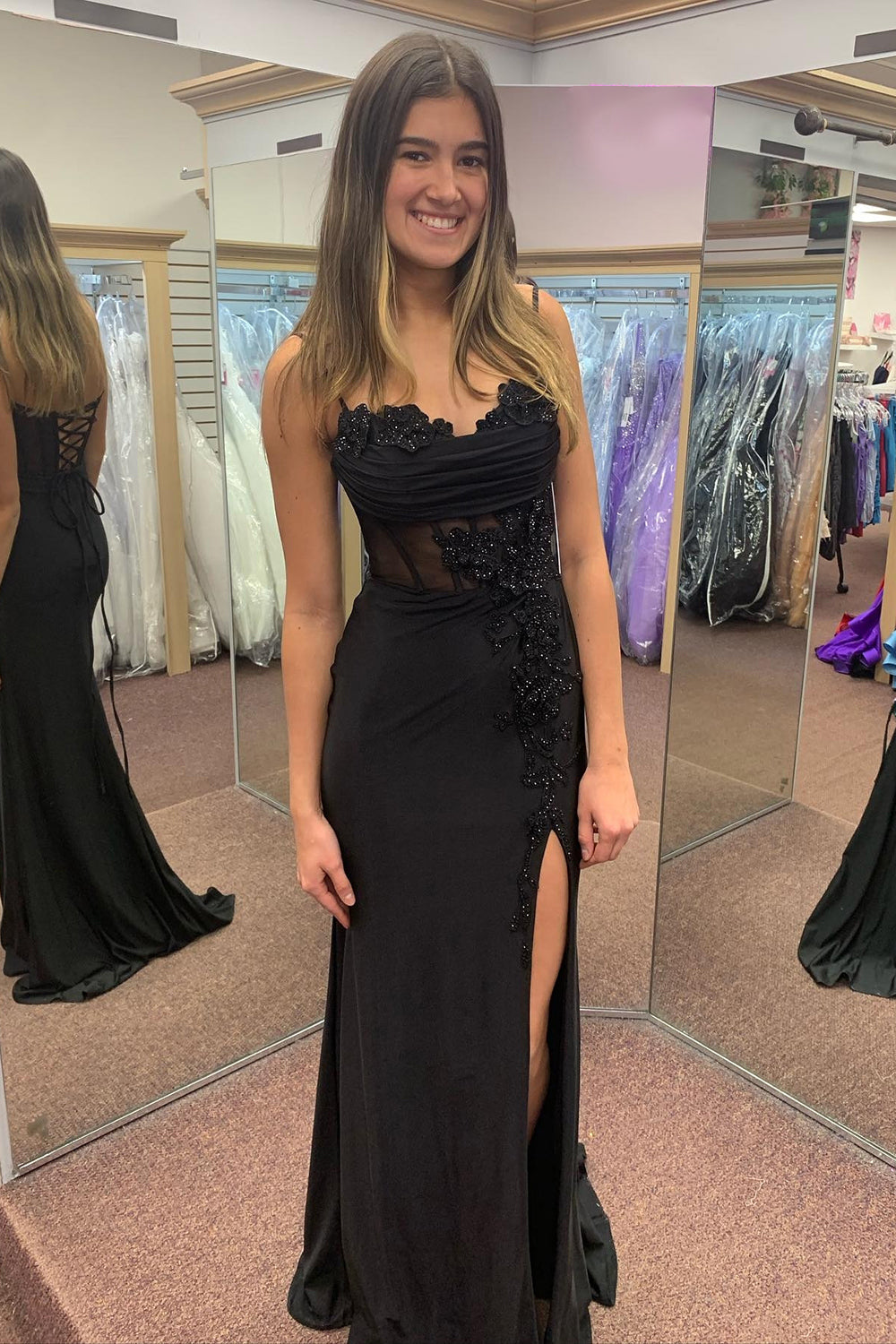 Black Prom Dress Mermaid Corset Long Formal Dress With Slit With Lace