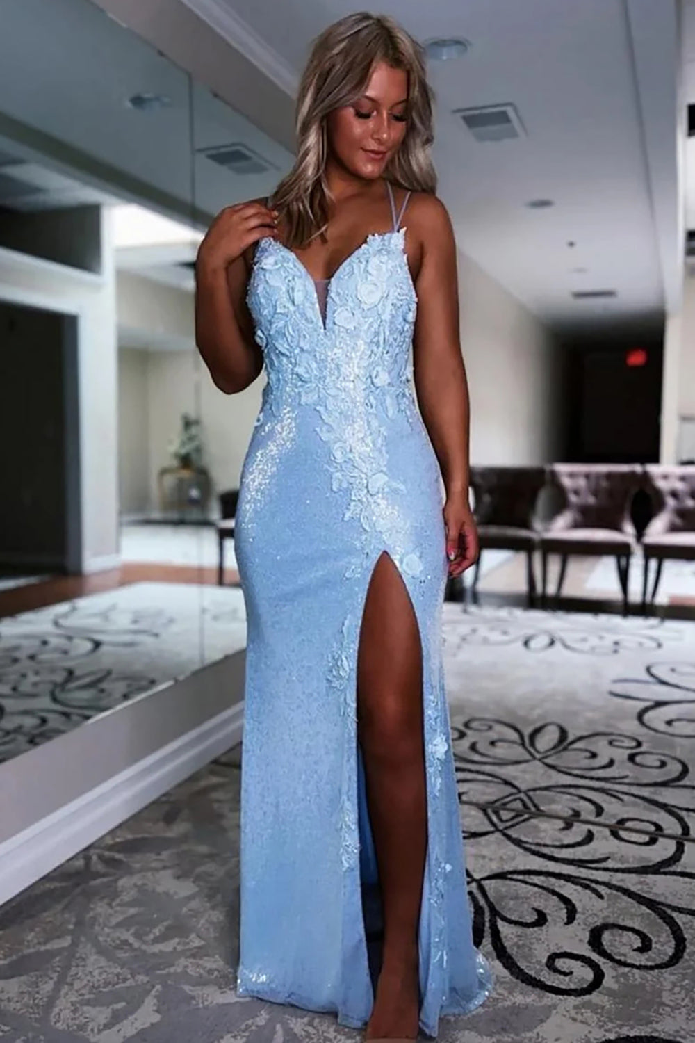 Black Prom Dress Mermaid Floral Long Formal Dress With Slit