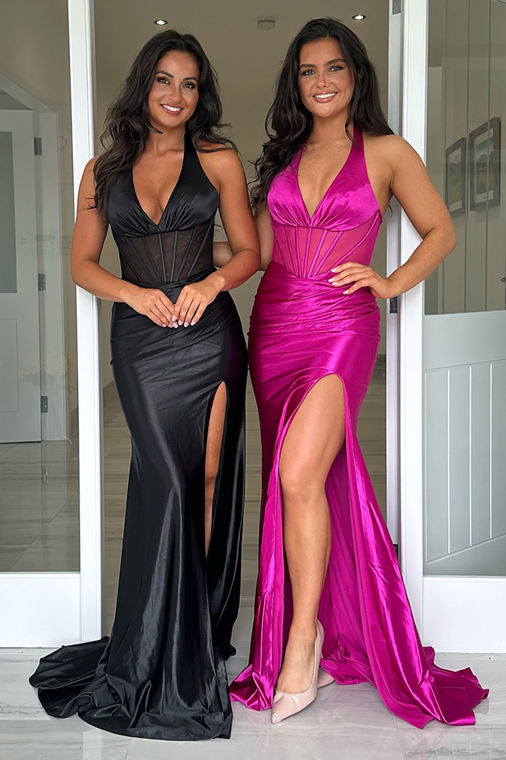 Black Prom Dress Mermaid Ruched Halter Corset Long Formal Dress With Slit