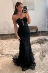Black Prom Dress Mermaid Sweerheart Corset Evening Dress with Appliques