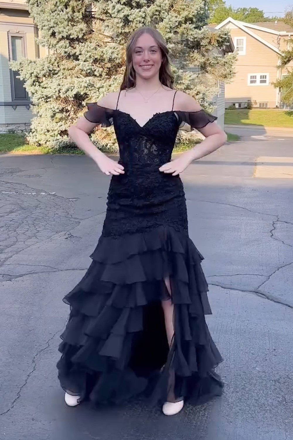 Black Prom Dress Mermaid Tiered Cold Shoulder Long Formal Dress With Slit