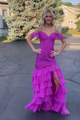 Black Prom Dress Mermaid Tiered Cold Shoulder Long Formal Dress With Slit