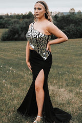 Black Prom Dress Mirror Cut Out Mermaid Long Formal Dress With Slit