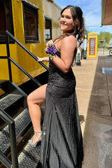 Black Prom Dress One Shoulder Mermaid Long Formal Dress With Slit