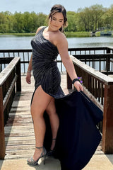 Black Prom Dress One Shoulder Mermaid Long Formal Dress With Slit
