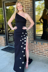 Black Prom Dress One Shoulder Tassels Mermaid Formal Dress With Star