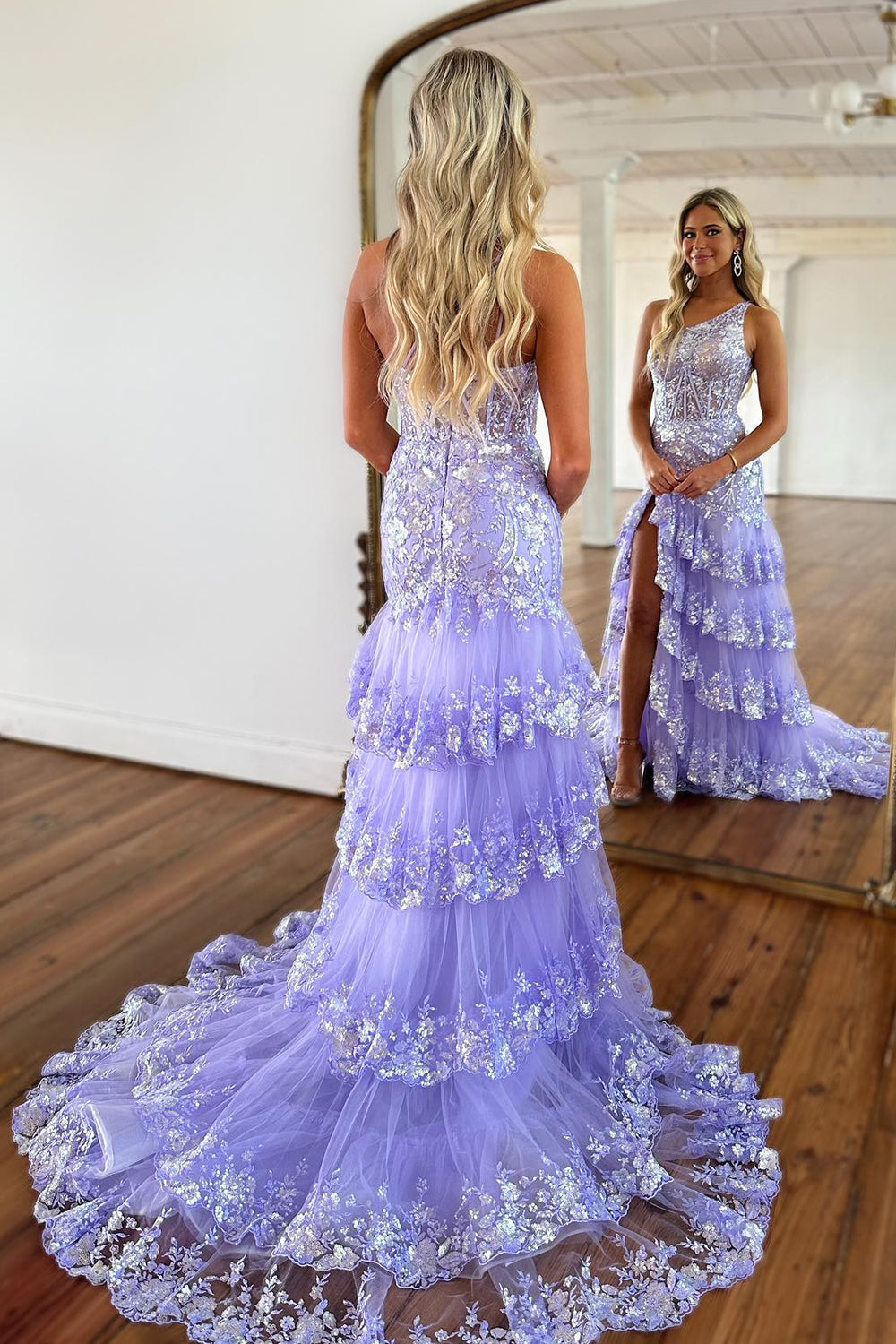 Black Prom Dress One Shoulder Tiered Lace Long Evening Dress with Slit