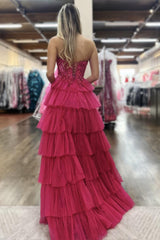 Black Prom Dress Ruffled Floor Length Tulle Formal Dress With Slit