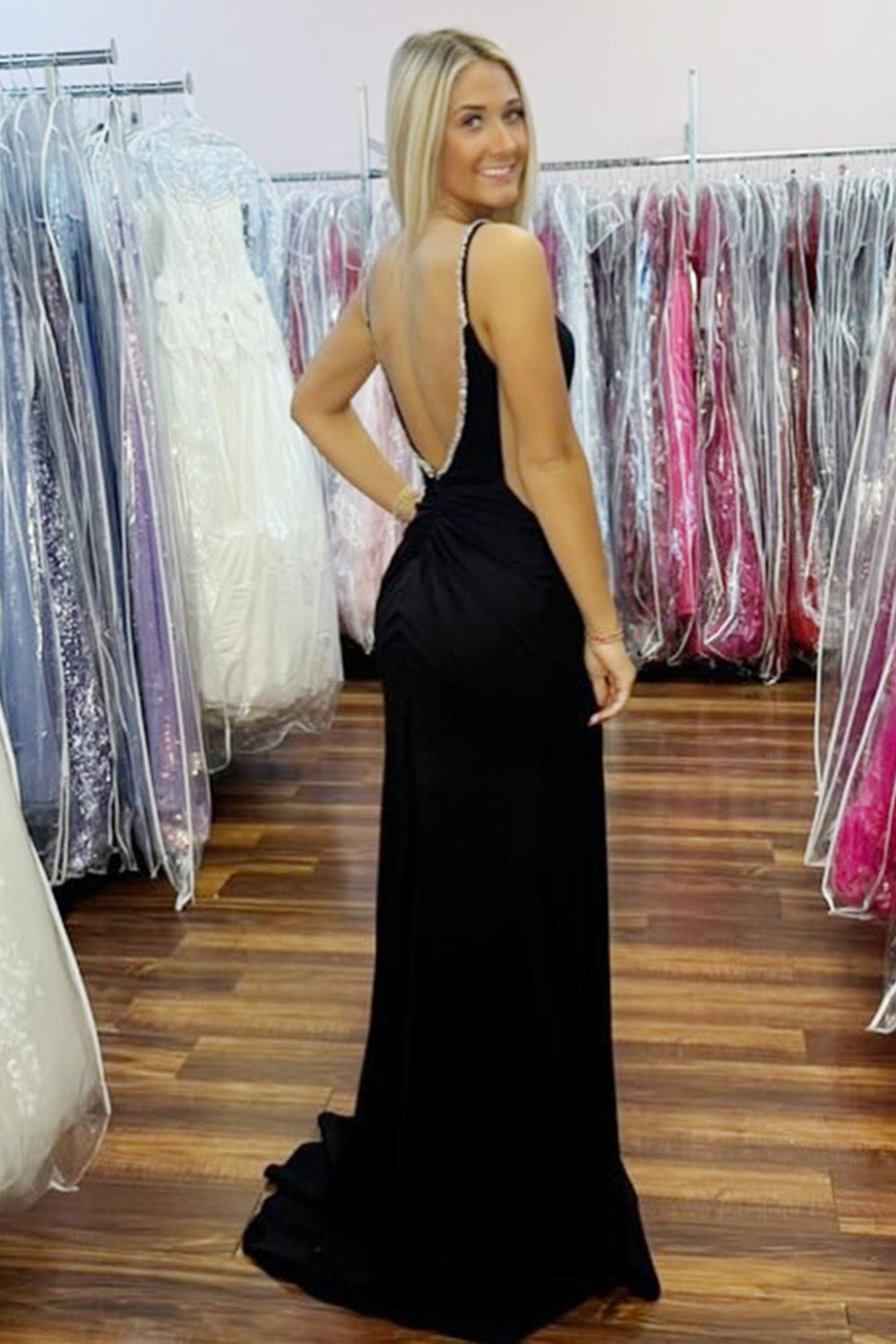 Black Prom Dress Satin Sheath Spaghetti Straps Formal Dress With Slit