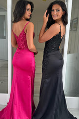 Black Prom Dress Sequined Mermaid Ruche Spaghetti Straps Long Formal Dress With Slit