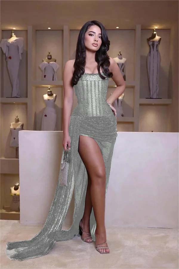 Black Prom Dress Sleeveless Strapless Mermaid Beaded Formal Dress