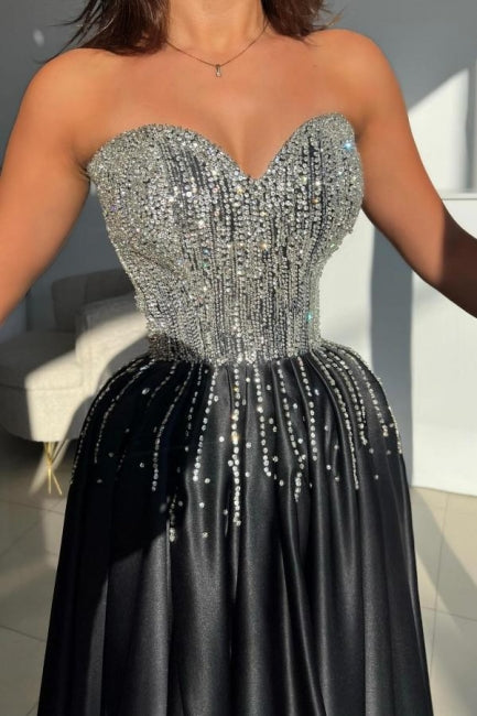 Black Prom Dress Sweetheart A Line Beaded Sleeveless Satin Formal Dress With Slit