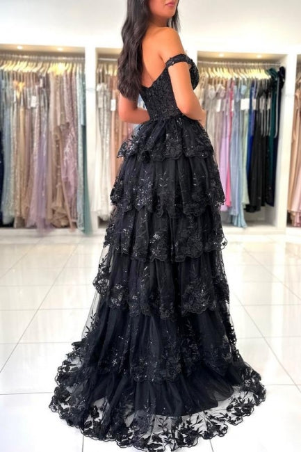 Black Prom Dress Sweetheart A Line Off The Shoulder Sleeveless Lace Dresses With Slit