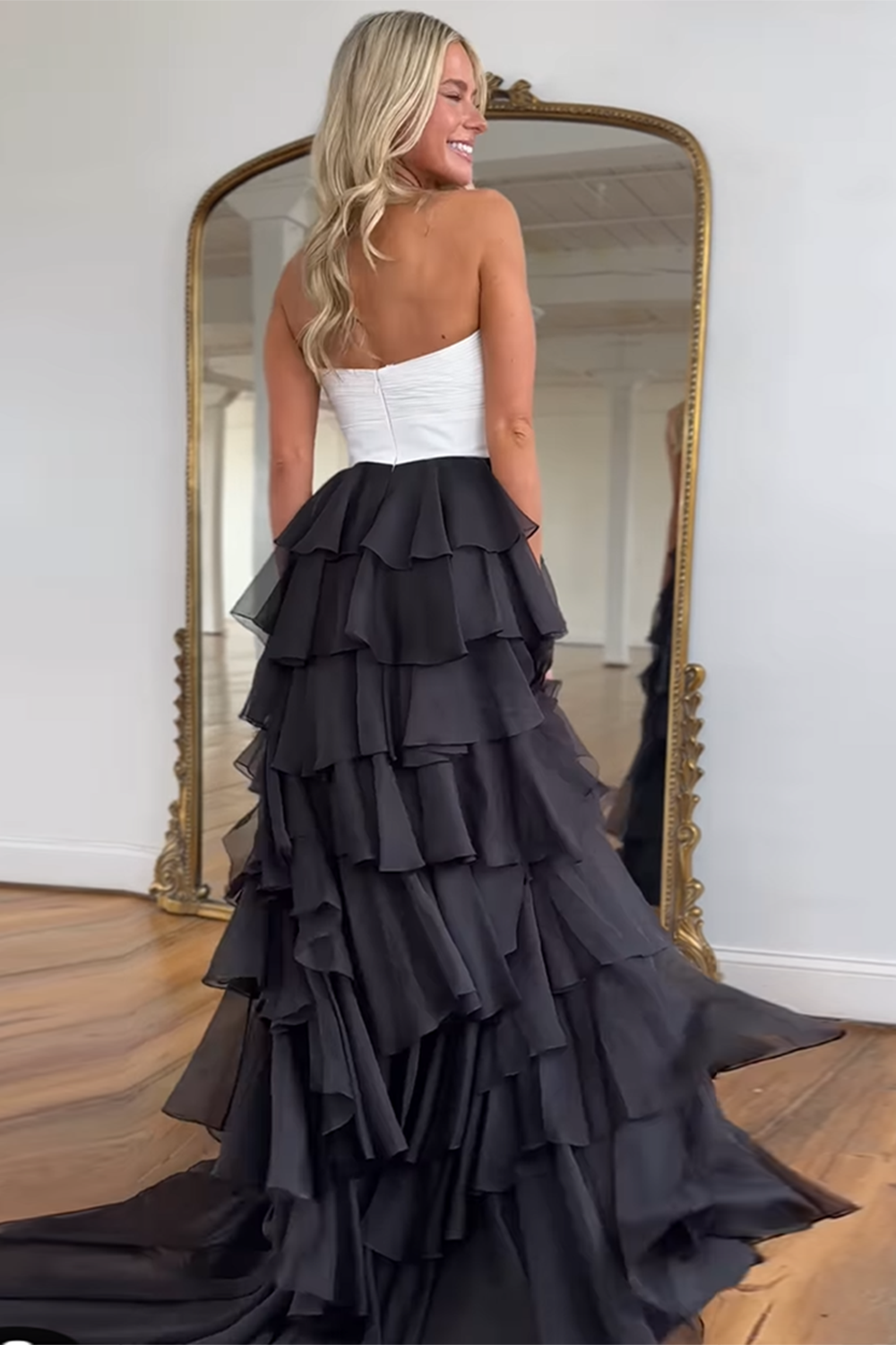 Black Prom Dress White Prom Dress Sweetheart Ruffled Long Formal Dress With Slit