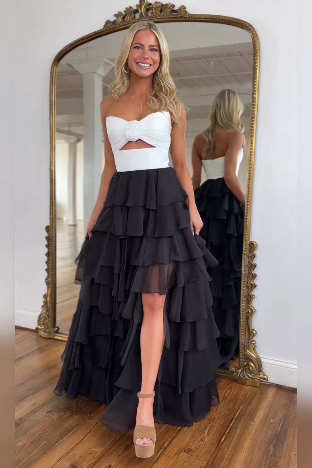 Black Prom Dress White Prom Dress Sweetheart Ruffled Long Formal Dress With Slit