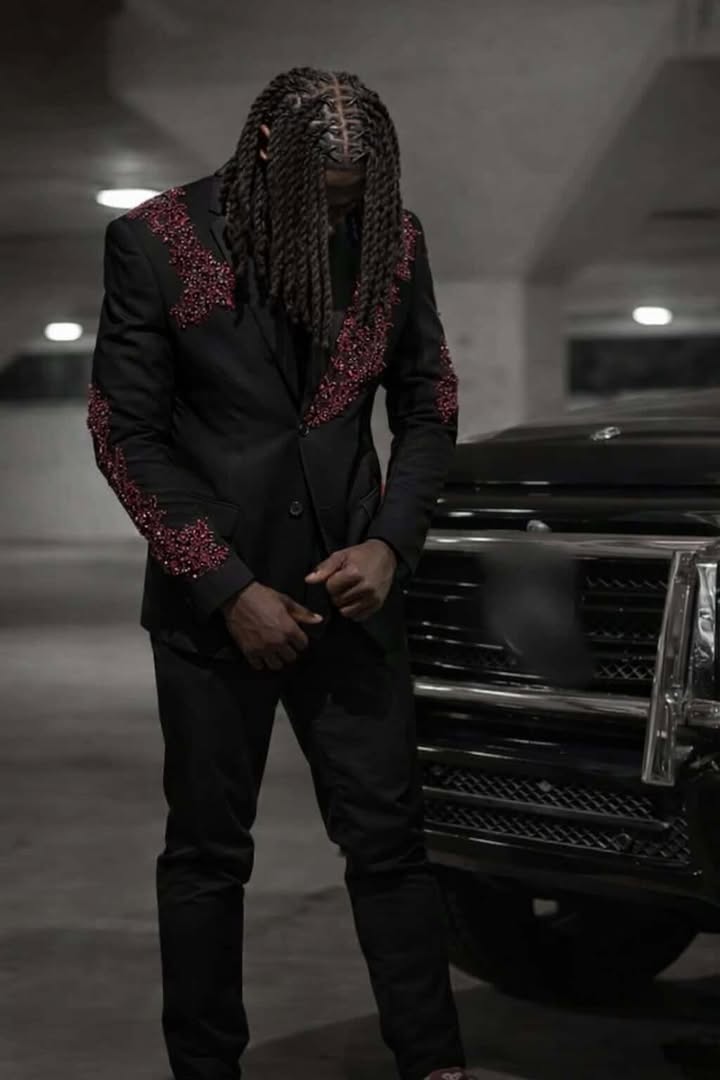 Black Prom Suit with Burgundy Appliques