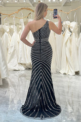 Black Sequins Waist Cut-Out Prom Dress with Slit