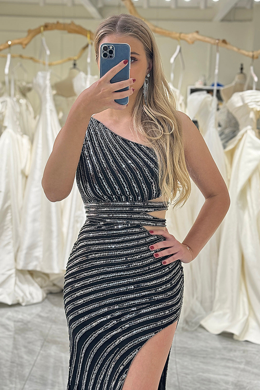 Black Sequins Waist Cut-Out Prom Dress with Slit