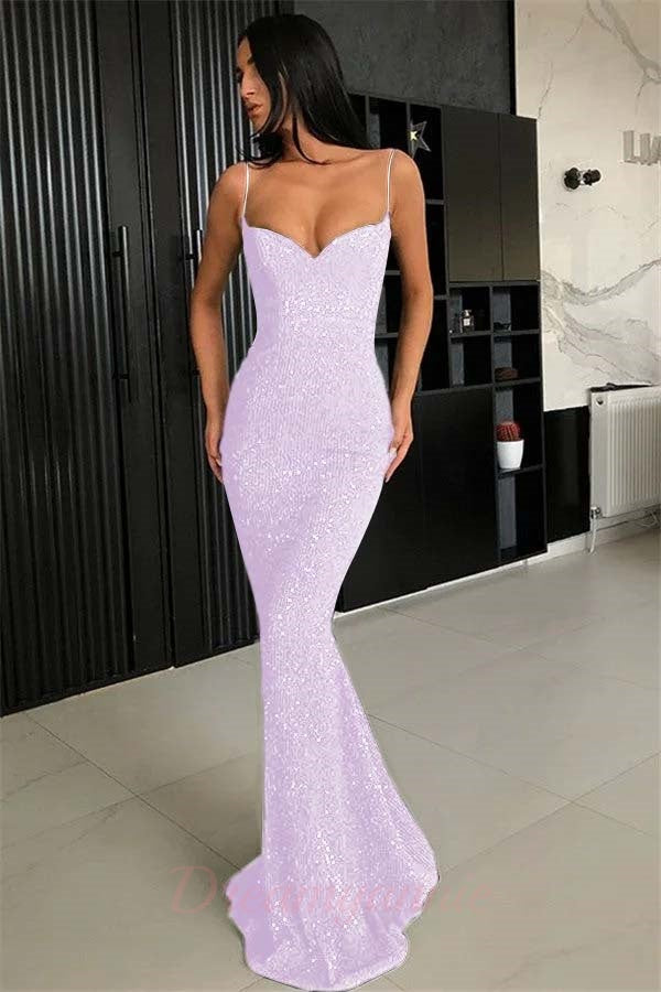Black Sheath Spaghetti Straps Open Back Sequins Prom Dress