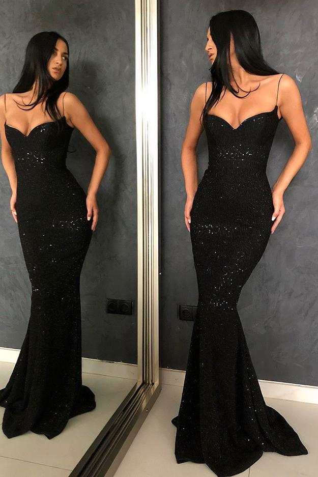 Black Sheath Spaghetti Straps Open Back Sequins Prom Dress