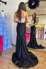 Black & Silver Strapless Structured Corset Top Beading Prom Dress With High Slit Formal Evening Gown