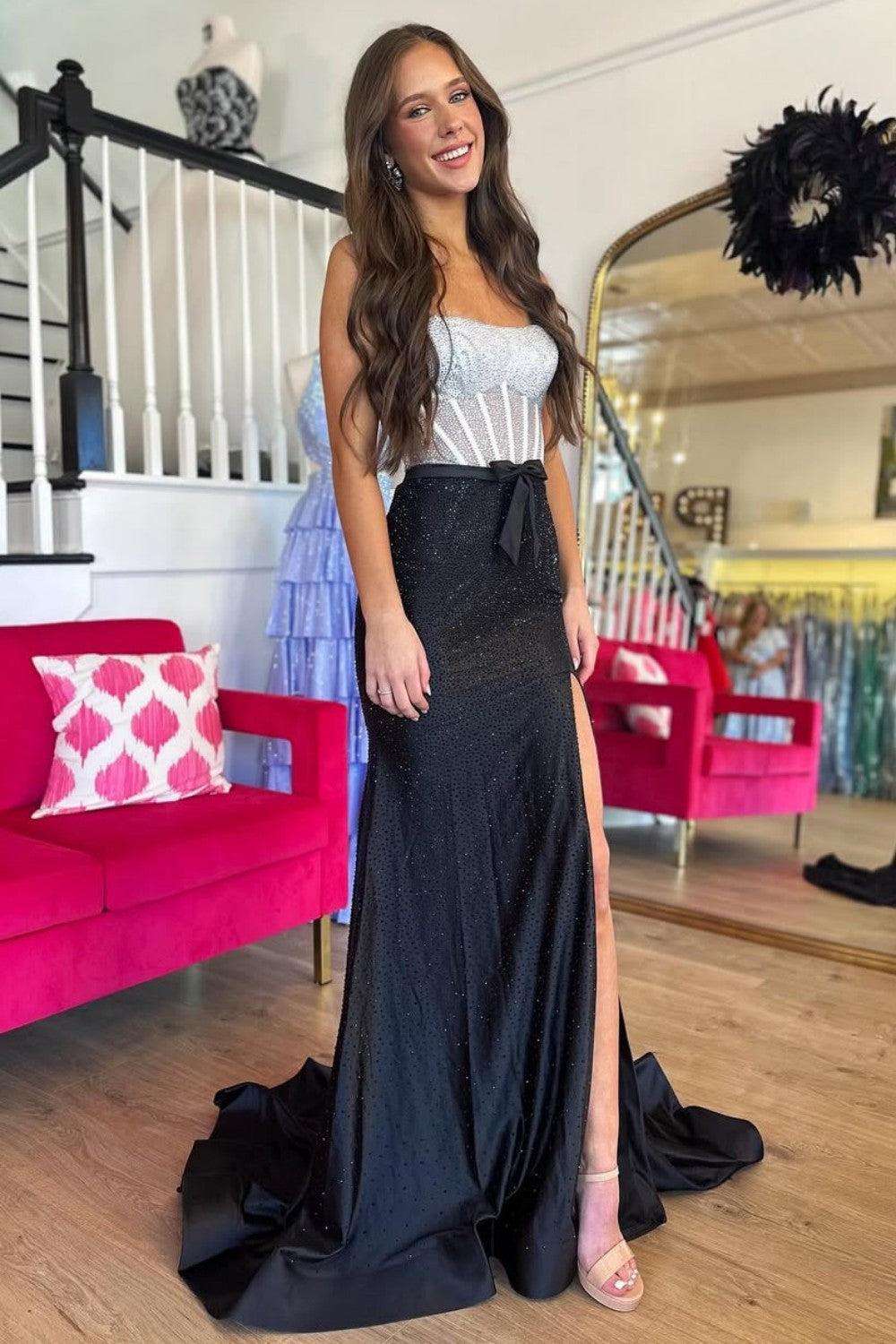 Black & Silver Strapless Structured Corset Top Beading Prom Dress With High Slit Formal Evening Gown