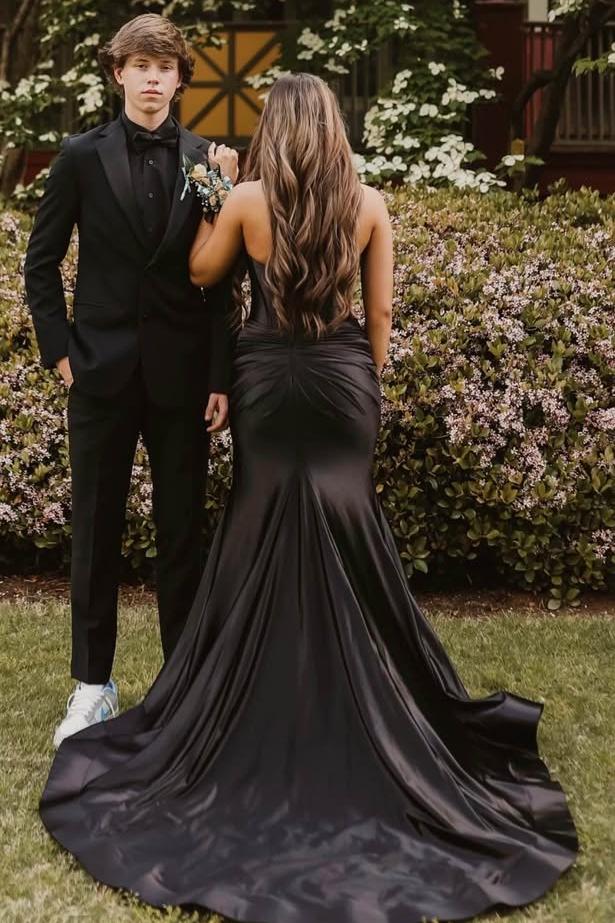 Black Strapless Corset Prom Dress Cut Out Satin Evening Dress with Slit