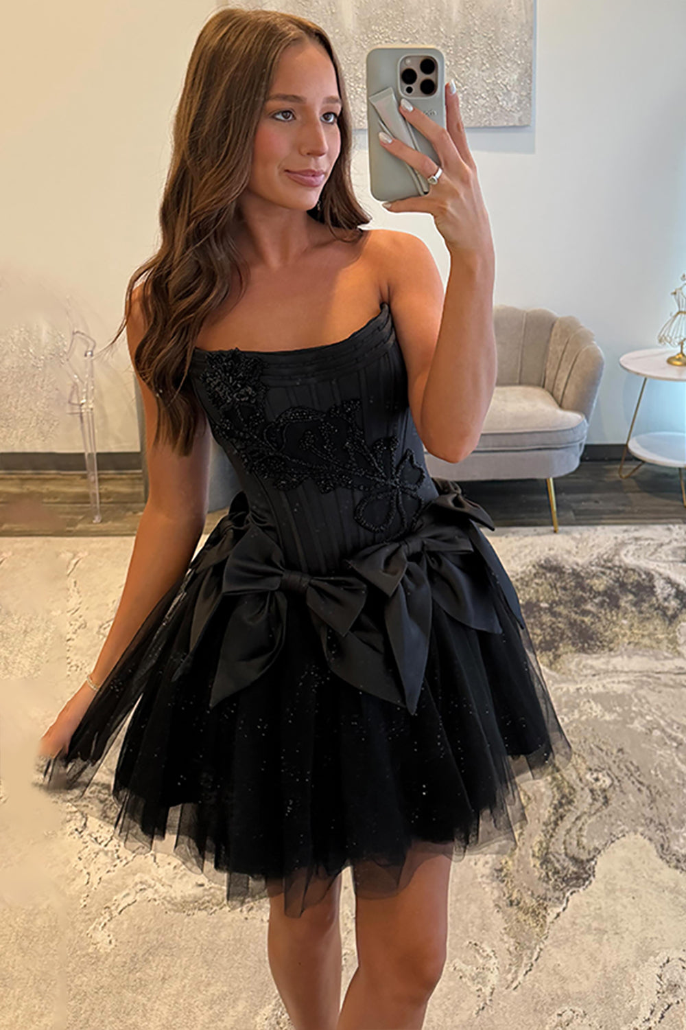 Strapless Beading Short Homecoming Dress with Waist Bow