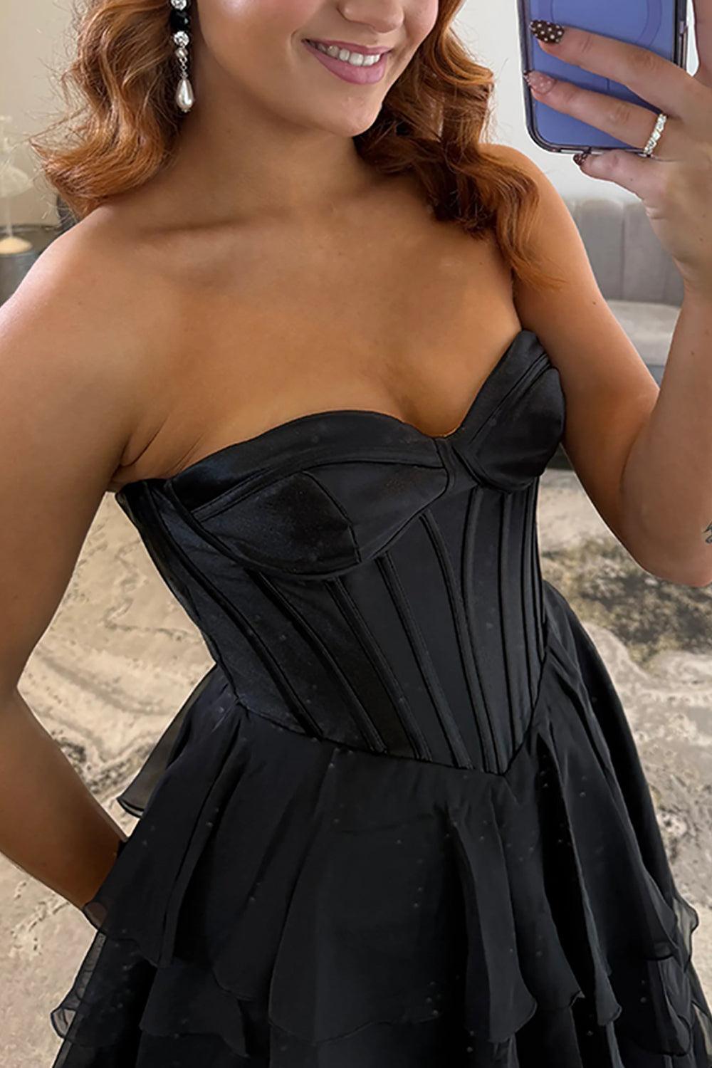 Black Sweetheart Prom Dress Corset Tiered Chiffon Long Formal Dress With Slit