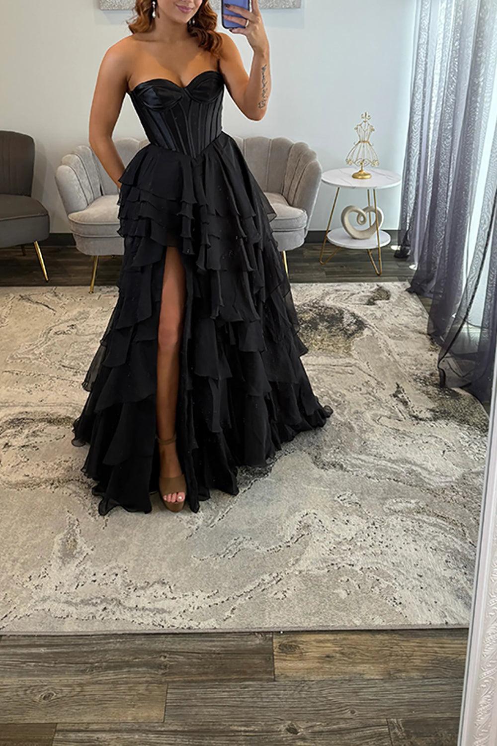 Black Sweetheart Prom Dress Corset Tiered Chiffon Long Formal Dress With Slit