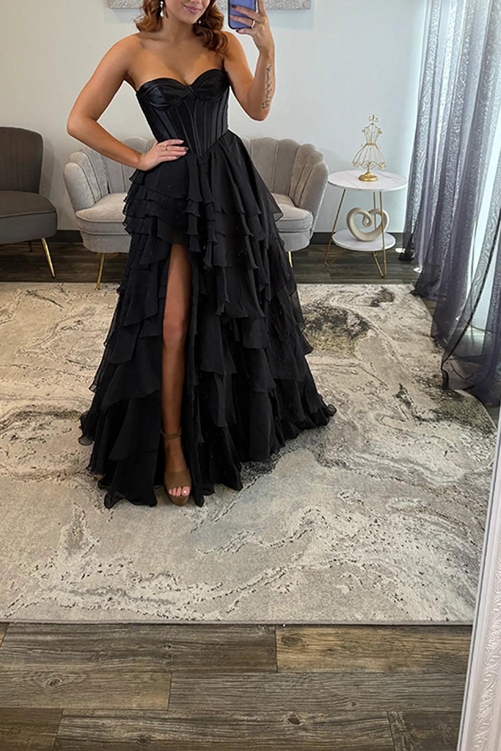 Black Sweetheart Prom Dress Corset Tiered Chiffon Long Formal Dress With Slit