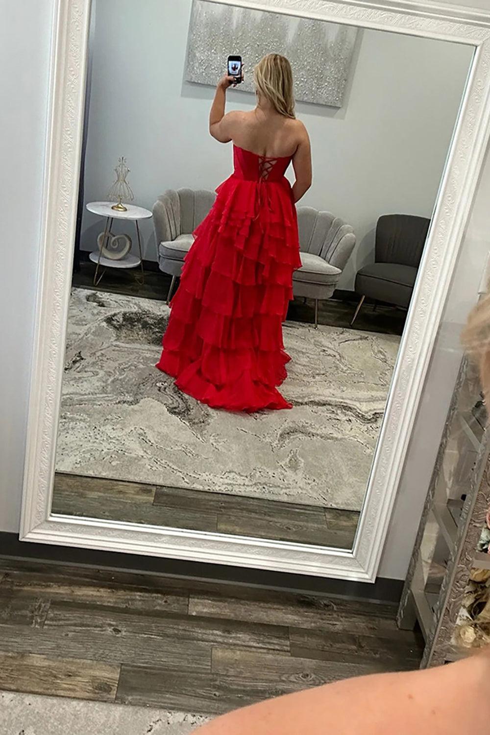 Black Sweetheart Prom Dress Corset Tiered Chiffon Long Formal Dress With Slit