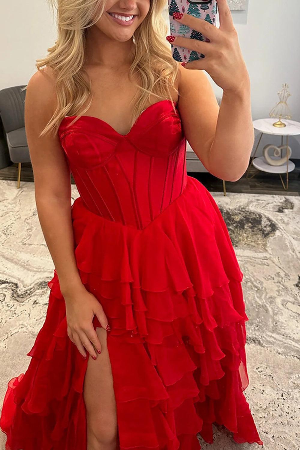 Black Sweetheart Prom Dress Corset Tiered Chiffon Long Formal Dress With Slit