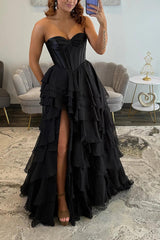 Black Sweetheart Prom Dress Corset Tiered Chiffon Long Formal Dress With Slit