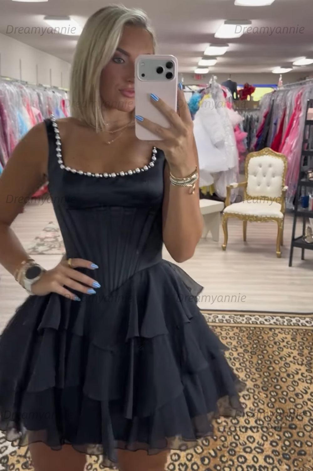 Square Neck Corset Homecoming Dress Tiered Sleeveless Short Party Dress